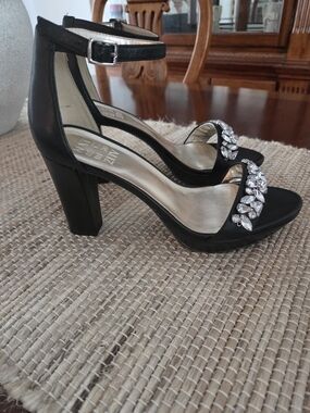 Naturalizer Black Ankle-Strap Block Heels with Crystal Accent
